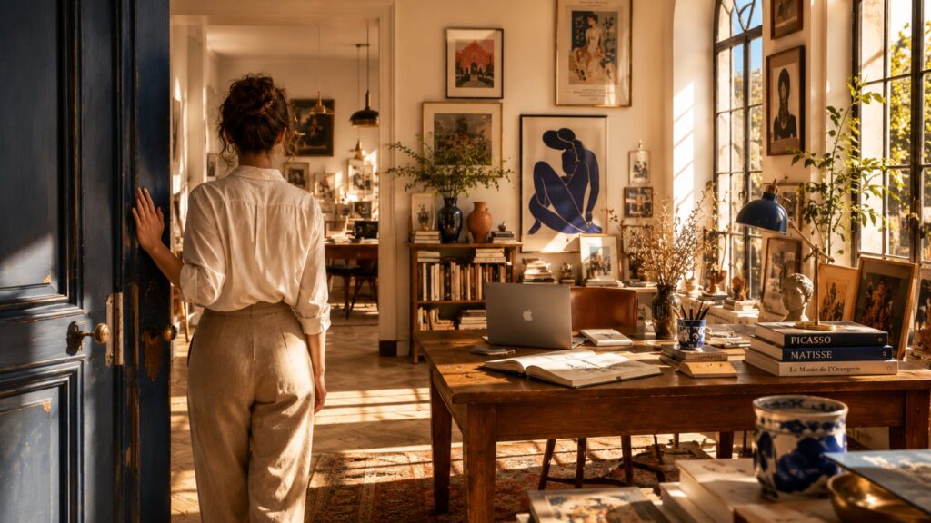 Donna sulla soglia di uno studio pieno di libri e quadri, verso un nuovo inizio