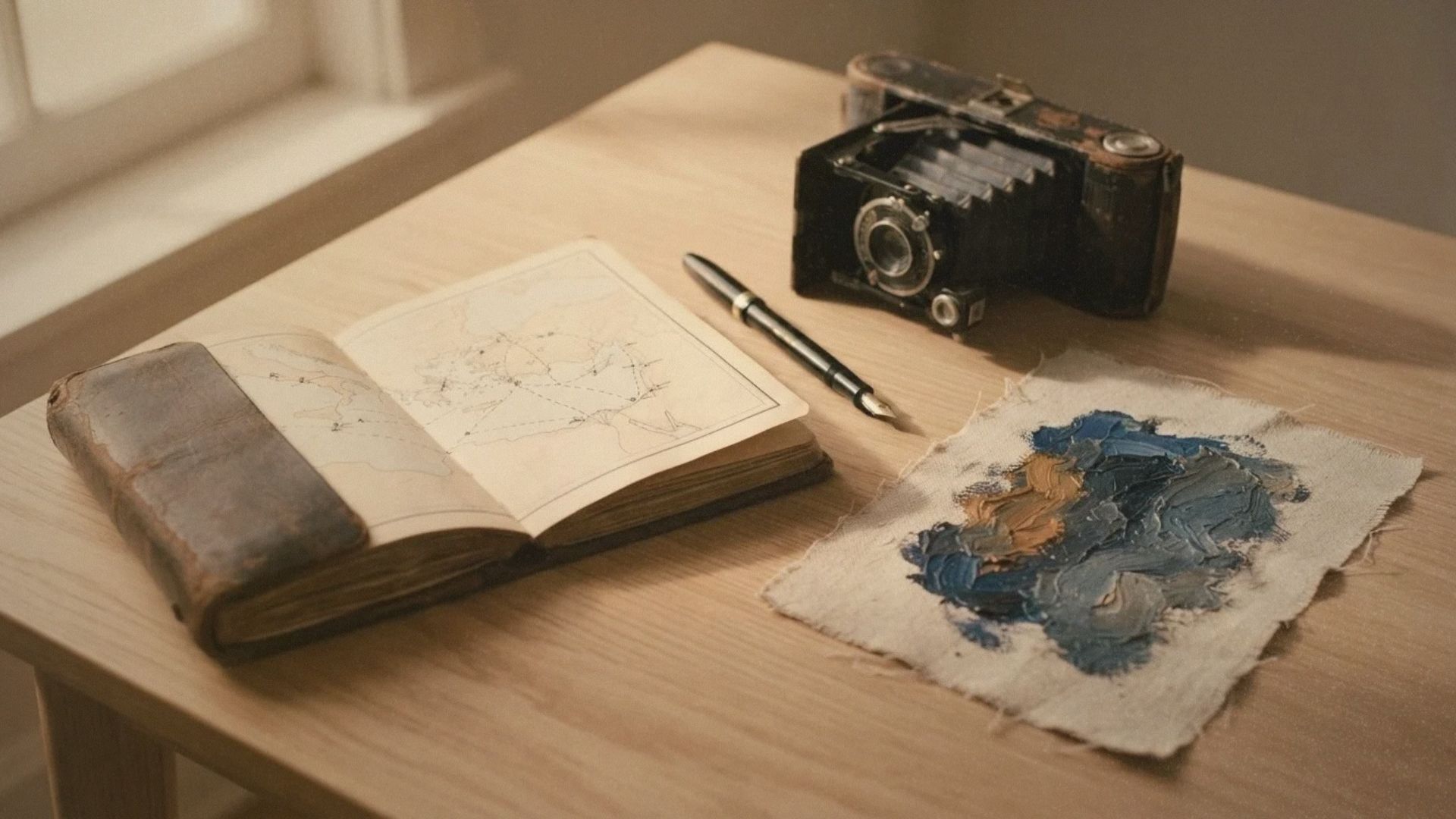Taccuino di viaggio aperto su una mappa, penna stilografica, macchina fotografica d’epoca e tela dipinta a olio su un tavolo di legno, per raccontare Freya Stark e Peggy Guggenheim