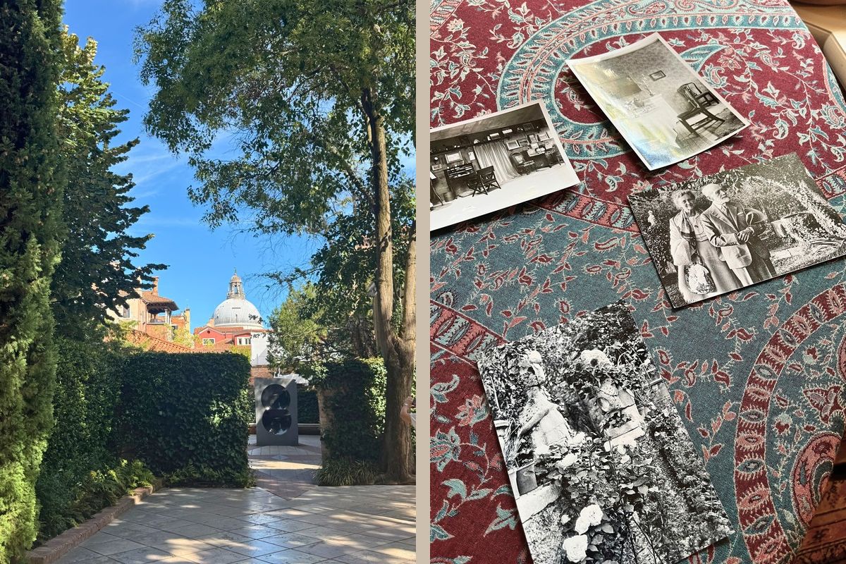 Giardino a Venezia con una scultura e una cupola sullo sfondo, accanto a vecchie fotografie in bianco e nero su una stoffa, per l’articolo su Freya Stark e Peggy Guggenheim